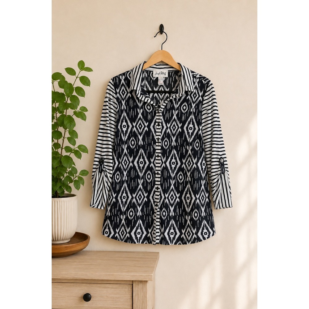 Joseph Ribkoff Navy White Ikat Geometric Tunic Blouse Striped Sleeve Sz 8 Bold
